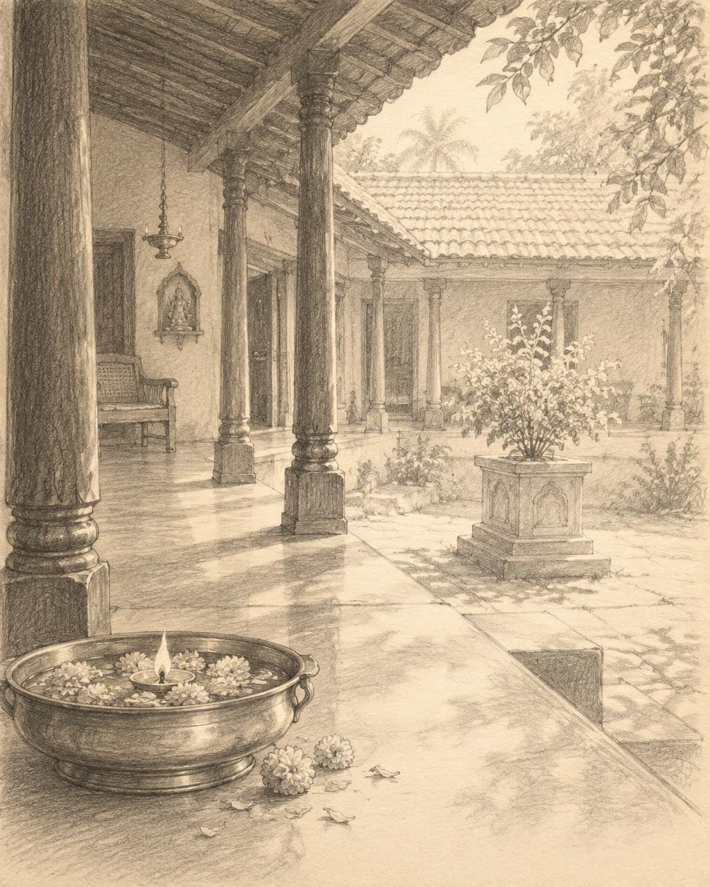 A pencil sketch of a traditional Indian home verandah with camphor and marigold flowers